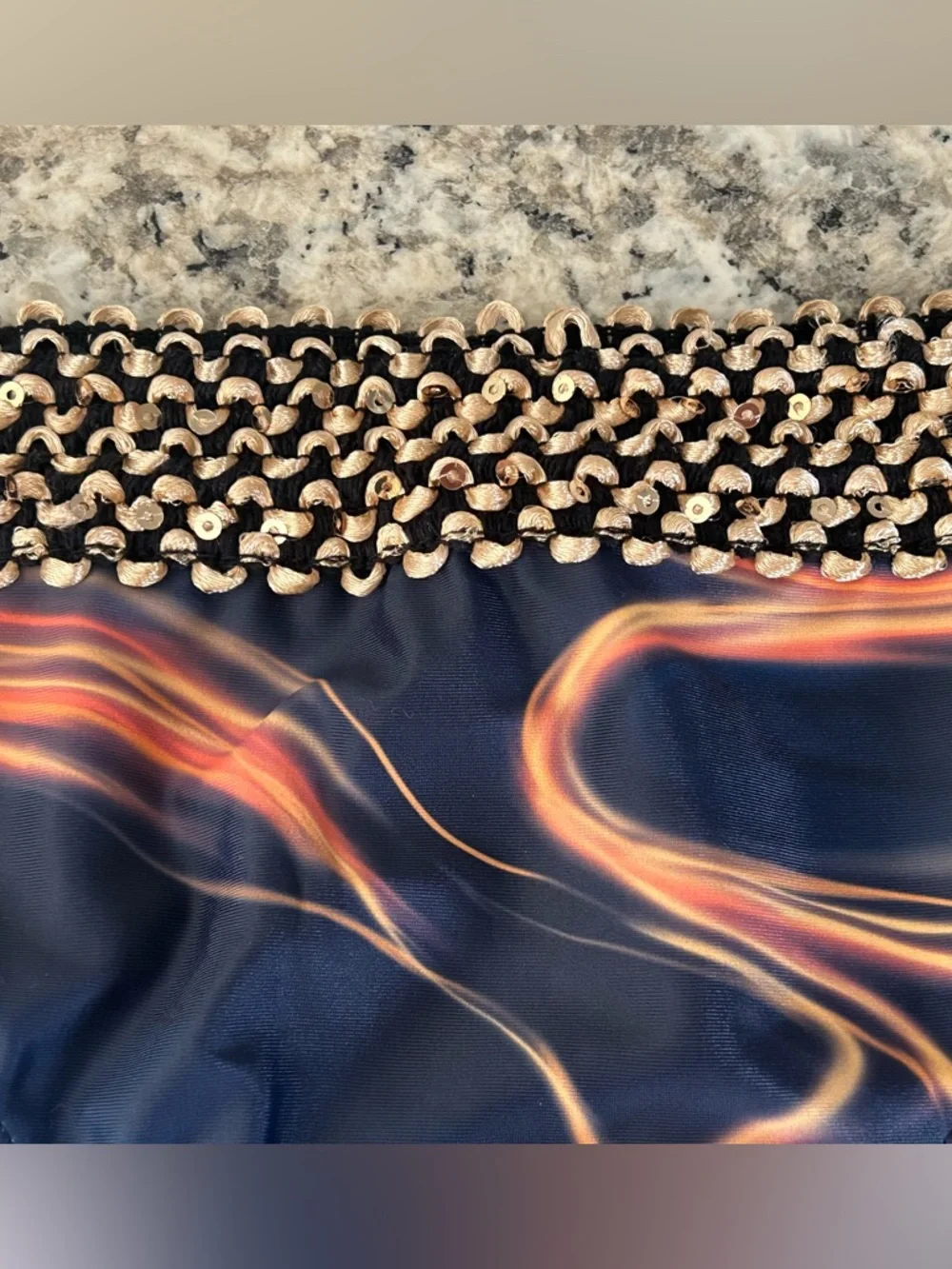 NWOT 2Pc Swimsuit Bikini Navy Orange Swirl Textured Gold Sequin Trim Size M - Picture 9 of 12